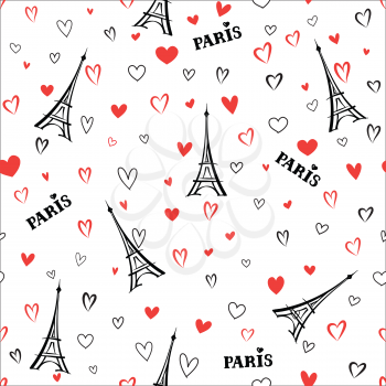 Travel France seamless pattern. Paris city vacation wallpaper. French landmark background. Love heart seamless pattern