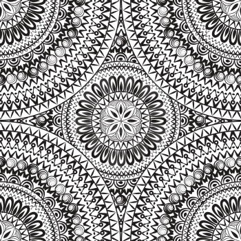 Abstract seamless pattern with circular ornament. Swirl geometric oriental doodle texture. Black and white engrave background.