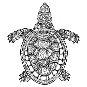 Turtle isolated. Zentangle tribal stylized turtle. Doodle vector illustration.  Psychedelic hand drawn sketch for tattoo or makhenda. Ocean animal sea life collection.