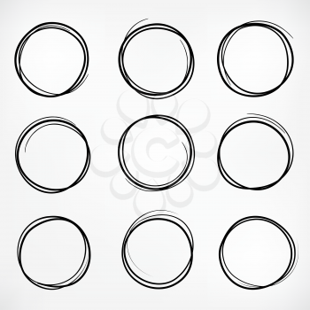 Round shape frame set. Grunge stamps. Doodle line circle icons