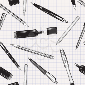 Pen set seamless pattern. Hand drawn vector. Pencils, pens and marker collection isolated over paper tiled background.