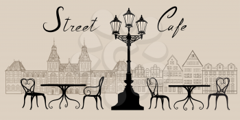 Street cafe in old town graphic illustration. Old cown views and street cafes. Dining hours along a Vienna cobblestone alley