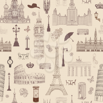 Travel seamless pattern. Vacation in Europe wallpaper. Travel to visit famous places of Europe background. Landmark tiled pattern.