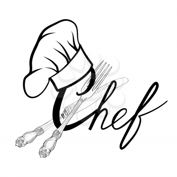 Cook hat wth fork and knife hand drawing sketch label. Cutlery icon collection.  Vector Catering outdoor events and restaurant service insignia. Restaurant symbol chef cook hat.