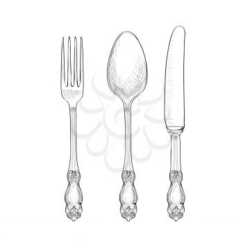 Fork, Knife, Spoon sketch set. Cutlery hand drawing collection. Catering engraved vector illustration. Restraunt  symbol