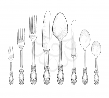 Table setting set. Fork, Knife, Spoon  sketch set. Cutlery hand drawing collection. Catering engraved vector illustration. Restraunt service.  Banquet  still life