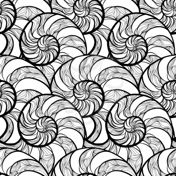 Abstract ornamental spiral seamless black and white outline pattern. Stylish seashell nautilus textured ocean wave geometric background