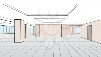 Interior office room. Conference room for office open space interior with columns, windows, doors. Vector illustration