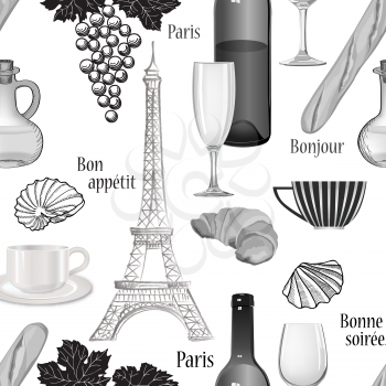  Famous french food background. Cuisine of France pattern. Travel Paris seamless pattern.