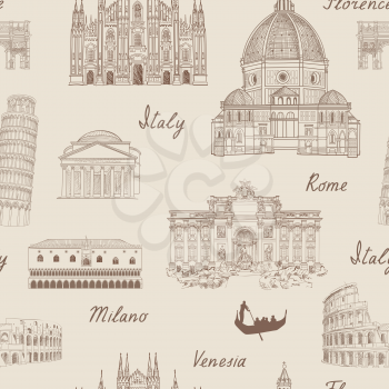 Travel tiled background. Italy famous landmark seamless pattern. Italian city architectura travel sketch.