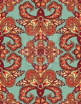 Flourish tiled pattern. Abstract floral geometric seamless oriental background. Fantastic flowers and leaves. Wonderland motives of the paintings of arabic mandala. Indian fabric pattern.