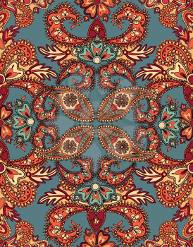 Flourish tiled pattern. Abstract floral geometric seamless oriental background. Fantastic flowers and leaves. Wonderland motives of the paintings of arabic mandala. Indian fabric pattern.