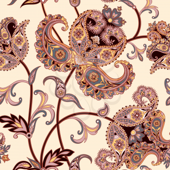 Floral pattern Flourish tiled oriental ethnic background. Arabic ornament with fantastic flowers and leaves. Wonderland motives of the paintings of ancient Indian fabric patterns.