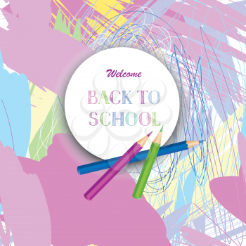 Back to school banner. Kids ar lab painted background with colorful pencils and blob with copyspace
