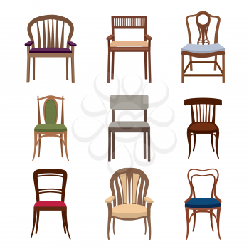 Chairs and armchairs icons set. Furniture collection of different chairs in flat style.