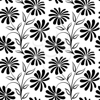 Floral seamless pattern. Flower bouquet background. Floral seamless texture with flowers chamomile. Flourish black and white tiled wallpaper