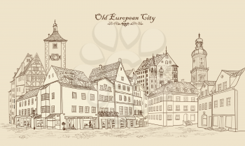 Street skyline. Houses, tower, buildings and cafe in old city. Cityscape view. 