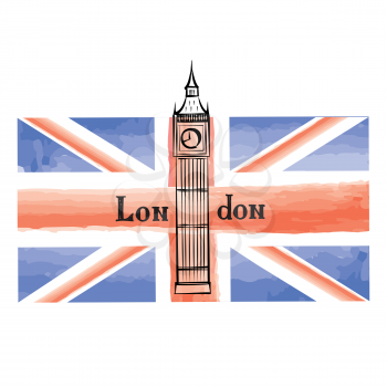 Grunge UK flag with London famous Westminster abbey tower. Travel Great Britain  background with painted UK flag. English landmark Big Ben