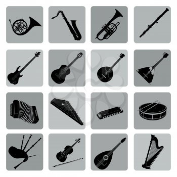 Musical instruments icon set. Folk, classical, jazz, ethnic, rock music symbols