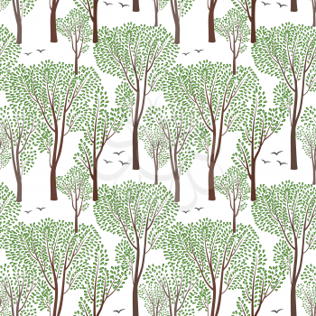 Summer nature wildlife seamless pattern Blooming trees background Plant with leaves. Forest birds ornamental endless pattern