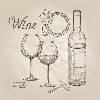 Wine set. Wine glass, bottle, lettering. Cafe menu. Wine card sketch