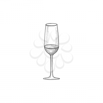 Half full wine glass. Engraving illustration of wineglass. Glassware sign