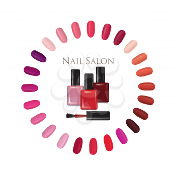 Nail beauty salon background. Nail palette set. Colorful manicure nails settled in a circle and nail polish bottle sign.