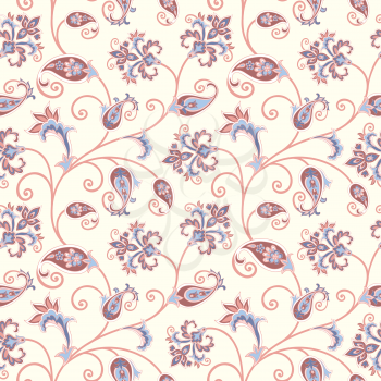 Floral pattern. Flourish oriental ethnic background. Arabic ornament with fantastic flowers and leaves. Wonderland swirl nature motives of stylish vintage fabric patterns.