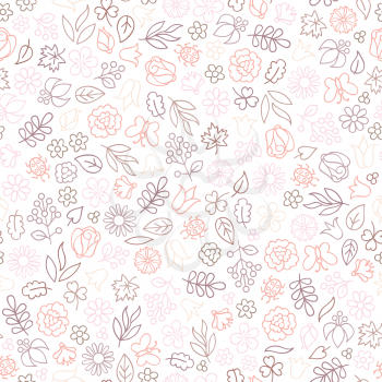 Flower icon seamless pattern. Floral leaves, flowers. White textured background