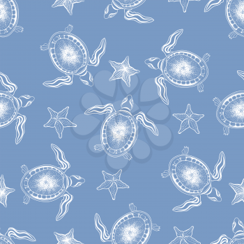 Turtle and starfish seamless pattern. Marine underwater background. Animal icon wallpaper
