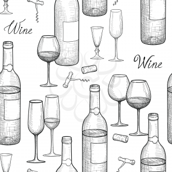 Drink wine seamless engrave pattern. Wine glass and bottle background