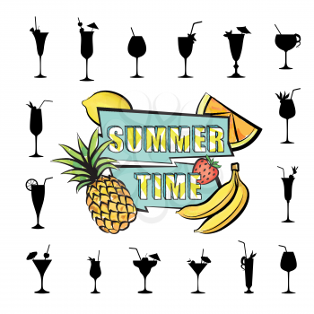 Summer party card background with tropical fruit and cocktail glasses set. Summer time bckground