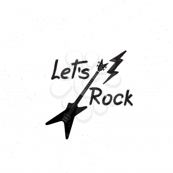 Rock music banner. Musical sign background. Let's rock lettering with lightning and guitar. Rock'n' roll label.