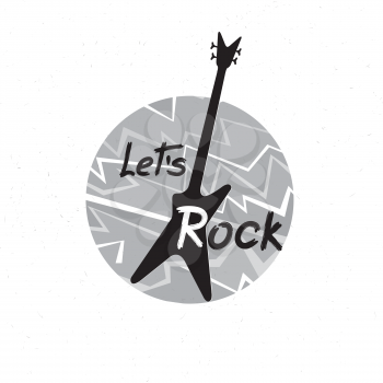 Rock music banner. Musical sign.  Let's rock lettering with guitar. Rock'n' roll label.