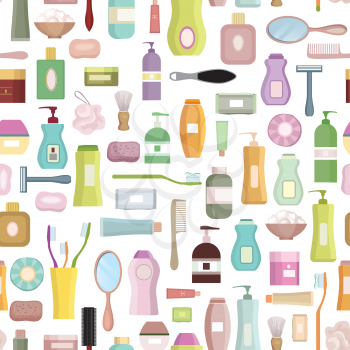 Beauty care related set background. Hygiene symbol seamless pattern. Bath supplies, shower, tooth care, brushes, towel and razors.