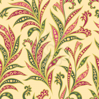 Floral seamless pattern. Flourish tiled oriental ethnic background. Arabic ornament with fantastic flowers and leaves. Wonderland motives of ancient Indian fabric patterns.