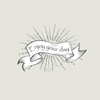 Enjoy the day sign. Vintage doodle banner. Waving ribbon engraving