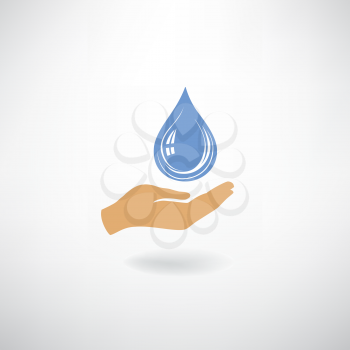 Blue Drop icon in hand silhouette. Save clean water symbol
