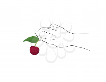 Cherry on top. Hand holding berry over white background. Cooking dessert sign. Bonus icon