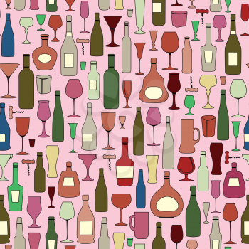 Wine bottle and wine glass seamless pattern. Drink wine bar tile background. Vinary party decor