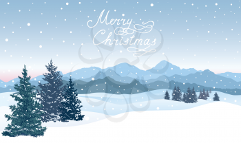 Merry Christmas greeting card. Winter holiady snowy nature landscape. Mountains in snow skyline background