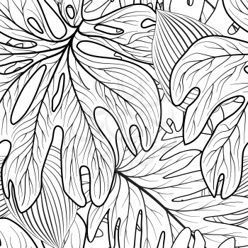 Floral seamless pattern. Leaves background. Tropical garden leaf line art backdrop
