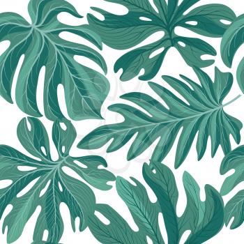 Tropcal palm leaves seamless pattern. Beautiful florl leaf background. Summer nature wallpaper.
