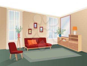 Lliving room interior with furniture: sofa, shelving, table. Living room drawing design. Hand drawing illustration