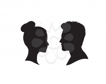 Couple faces silhouette. Man and woman profile over white background.