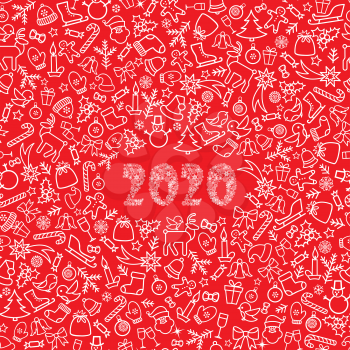 Happy New Year 2020. Snow winter holiday red background. Christmas greeting card with lettering.