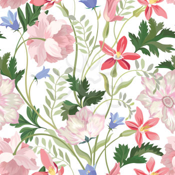 Floral seamless pattern. Beautiful spring summer background with tropical garden flowers, palm leaves. Gentle flower tile wallpaper for bedclothes design in hawaiian nature style.