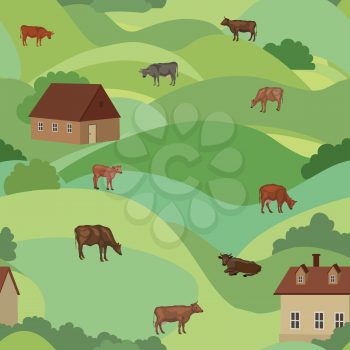 Livestock seamless pattern. Farm animals cows over countryside landscape background.