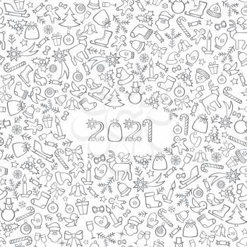 Happy New Year 2021. Snow winter holiday silver background. Christmas greeting card with lettering.
