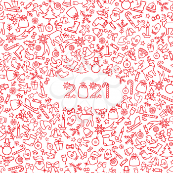 Happy New Year 2021. Snow winter holiday red background. Christmas greeting card with lettering.